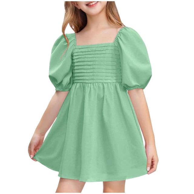 Hinvhai Robes d'Été pour Filles en Liquidation, Encolure Carrée, Manches Lanterne, Nouée, Dos Nu, à Volants, Ligne A, Robe Courte de Fête