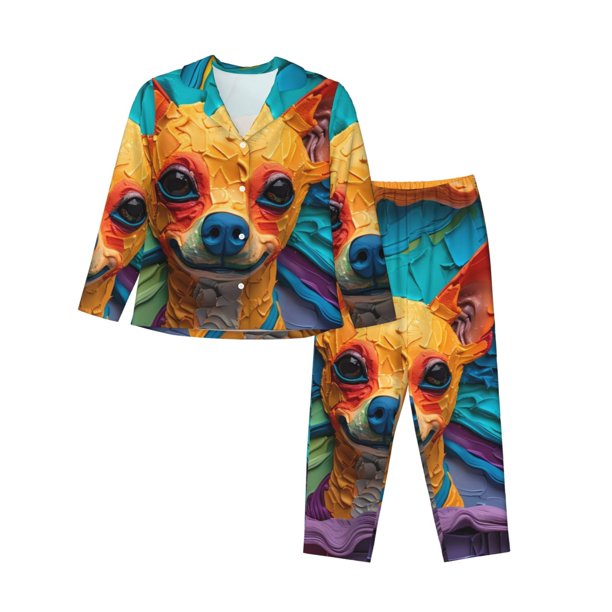 Balery Colorful Textured Chihuahua Conjunto de Pijama con Estampado para Mujer, Conjunto de Dos Piezas con Manga Larga, Ropa de Dormir Suave con Bolsillos, Pijamas Cómodos-Large