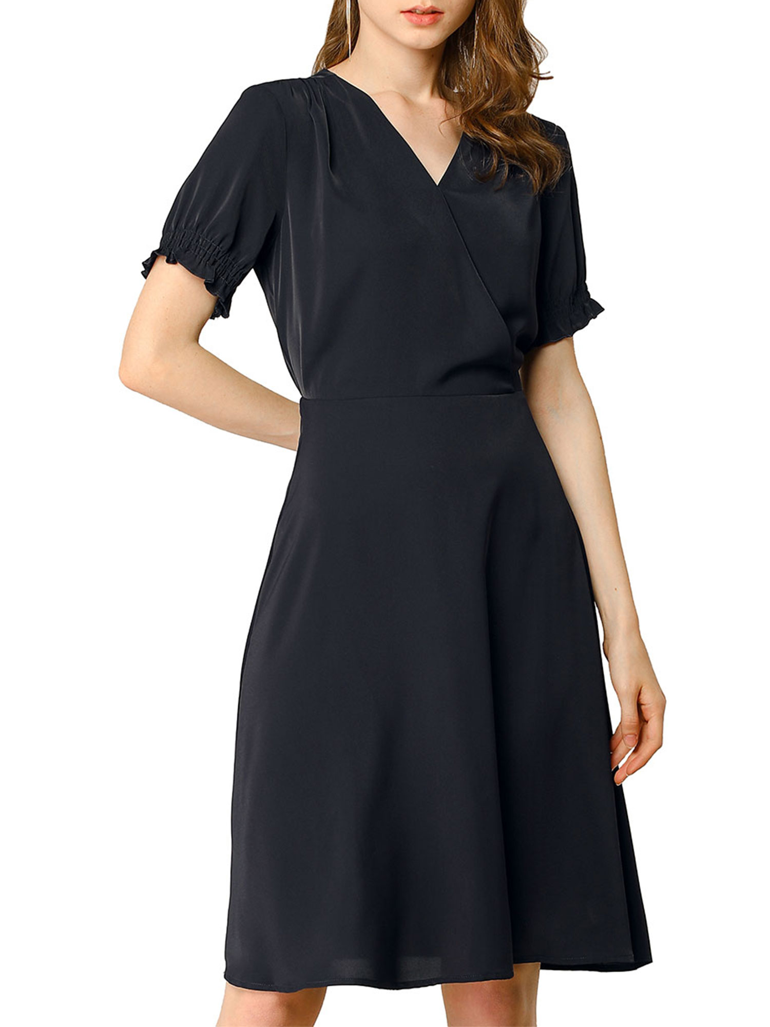 Allegra K Women's Cross V Neck Cinch Sleeves Elastic ALine Dresses