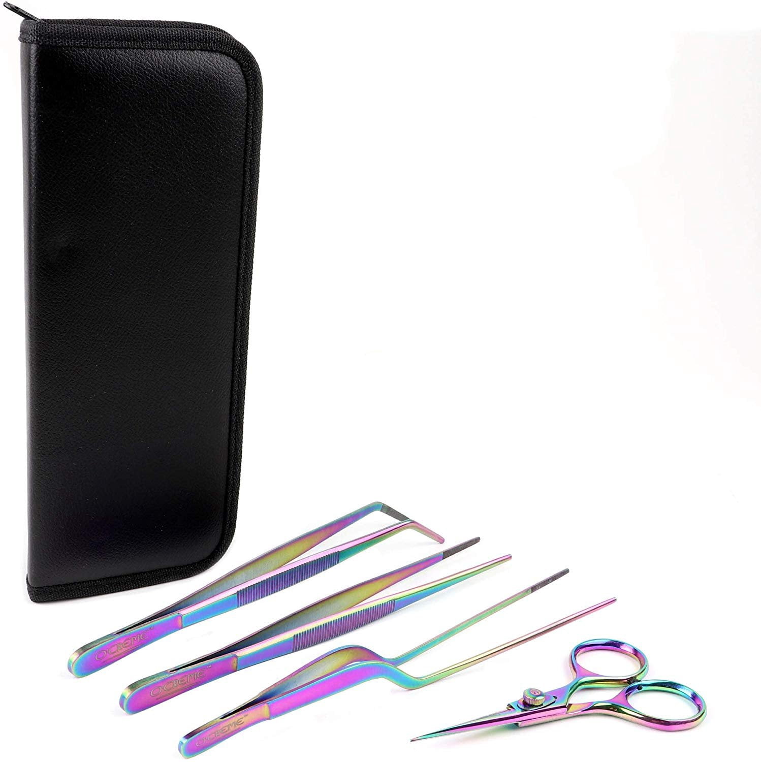 O'Creme Set of Culinary Tweezer Tongs 8 Inch Straight, 8 Inch Offset and 8 Inch Curved, Plus Super Sharp Chef Scissors, Total 4 Pieces Multicolored
