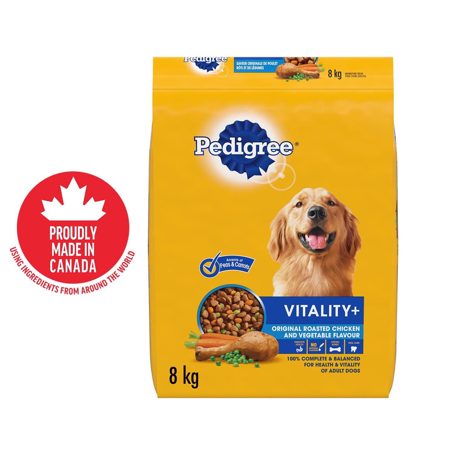 Nourriture sèche pour chiens adultes PEDIGREE VITALITÉ+ saveur originale de poulet rôti et de légumes – favorise des os robustes et des dents en santé, avec calcium