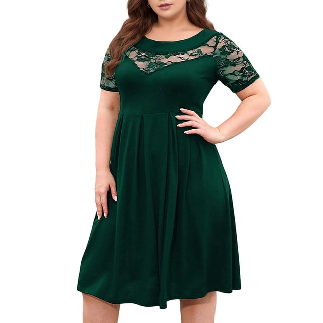 Robe Midi Grande Taille en Dentelle Mousseline Portefeuille à Col Rond pour Femme Invitée de Mariage Cocktail Vert Foncé TG