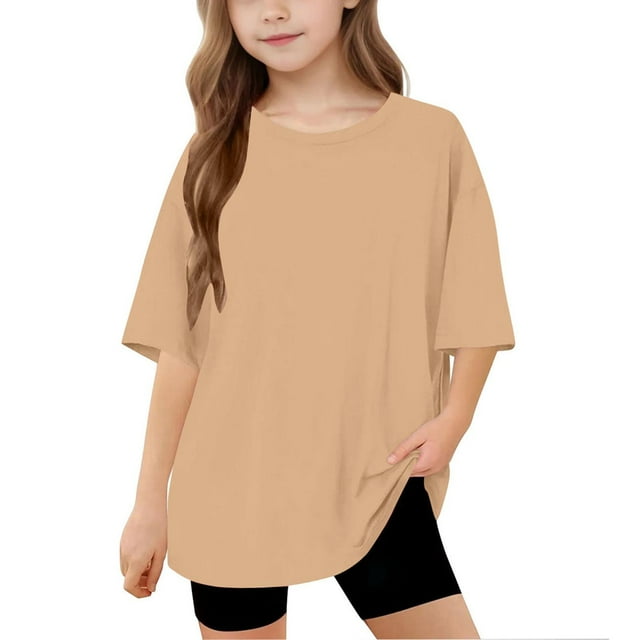 Lmnyox Kids T Shirts Oversized Short Sleeve Basic Tee Solid Color Loose Crew Neck Summer Shirts Tops 5-15 Years