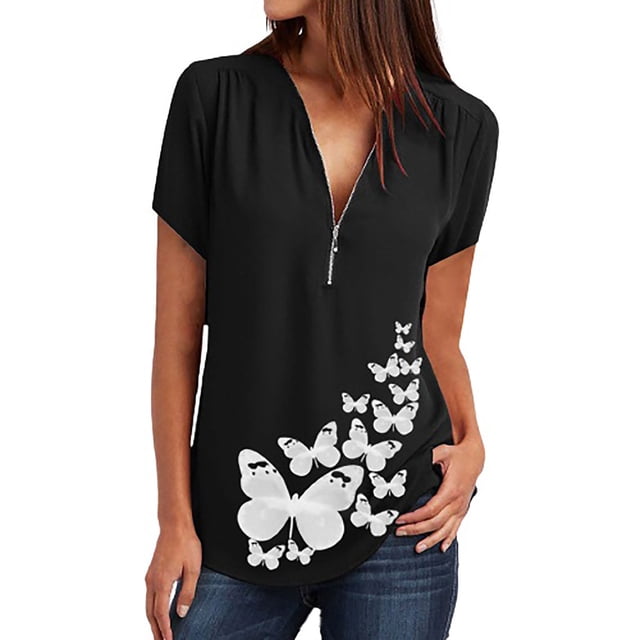 Tops estampados de manga corta con cuello en V de verano a la moda para mujer Fridja ghk5707