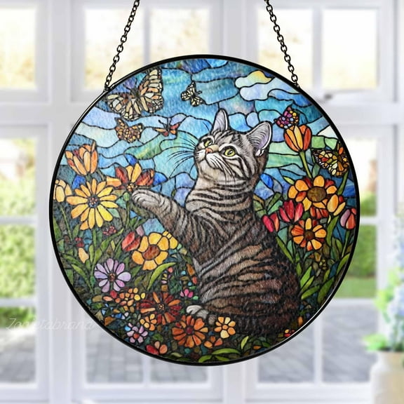 Cat and Flowers Stained Glass Suncatcher, Tabby Cat Window Hanging, Pet Lovers Ornament Gift for Home Decor