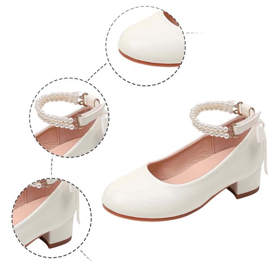 Dpytoraw Girls Pearl Ankle Strap Low Heel Shoes, Little/Big Kids Flower Girl Wedding Dress Shoes Sizes 12