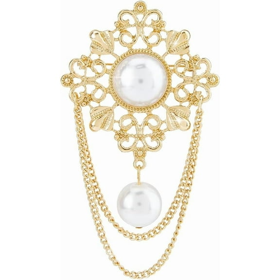 Gold Vintage Pearl Brooch Flower Tassel Brooch Elegant Brooches Floral Lapel Pins Women Fashion Brooches for Wedding Christmas Birthday Jewelry Gift 8.2x4.7cm/3.2x1.9"