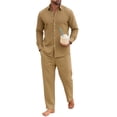 thumbnail image 2 of LEKWK 2 Piece Pajama Set for Men Long Sleeve Button Down Shirt and Drawstring Pants Lightweight Breathable Sleepwear Summer Casual Lounge Outfit Khaki XL, 2 of 5