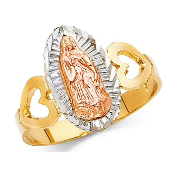 Solid 14k Yellow White Rose Gold Lady Guadalupe Heart Band Ring Virgin Mary Diamond Cut 15MM, Size 7