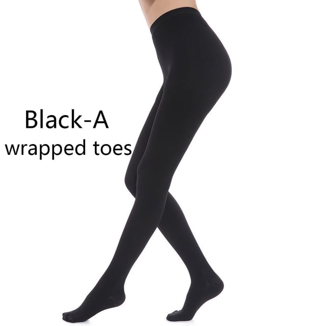 medias de compresión premium joefnel para mujer multicolor: vista 3/4 frontal de piernas con medias hasta la cintura, ajuste ceñido que indica compresión graduada, banda alta en la cintura y punteras envueltas; tejido opaco sobre fondo blanco, adecuado para soporte firme y mejora de la circulación.