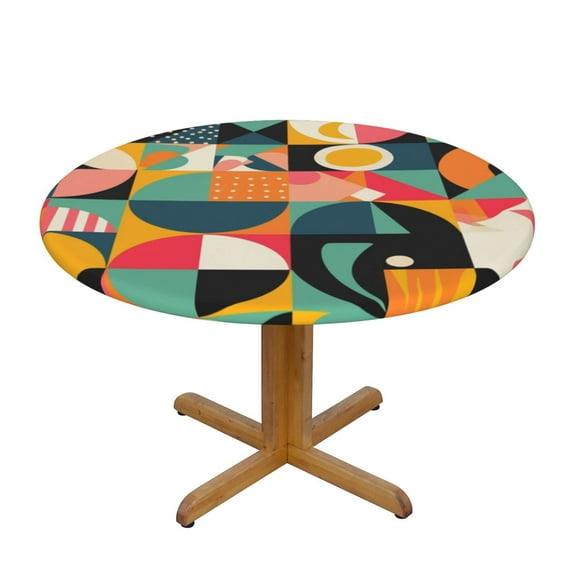 Colorful Geometry Round Fitted Tablecloths Table Covers Wipeable Waterproof Elastic for Kitchen Dinning Parties Wedding Picnic Small Fits 40-44 Inch Table Size