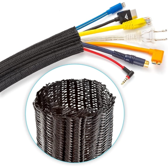Cable Management, 30 ft Long, 3/8 in. Wide, Braided Cable Sleeve, Wire Loom Split Sleeving for Power Audio and Video Cable Desk Organizer, Black