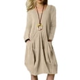 thumbnail image 3 of Vestido de mujer frente plisado manga larga cuello redondo color puro vestido suelto casual con bolsillos para primavera otoño caqui L, 3 of 6