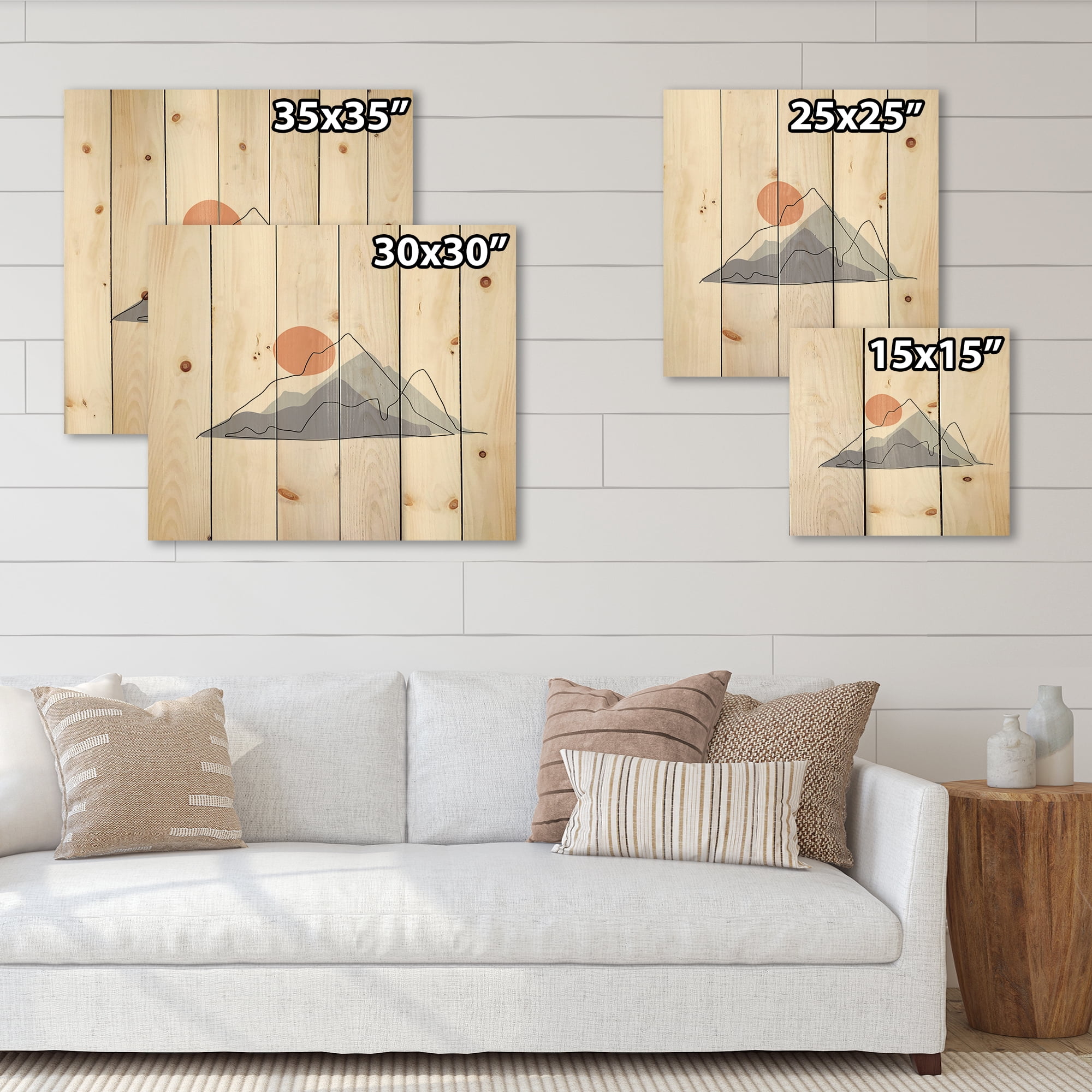 Designart 'Abstract Red Moon With Mountainscape' Modern Print on Natural Pine Wood