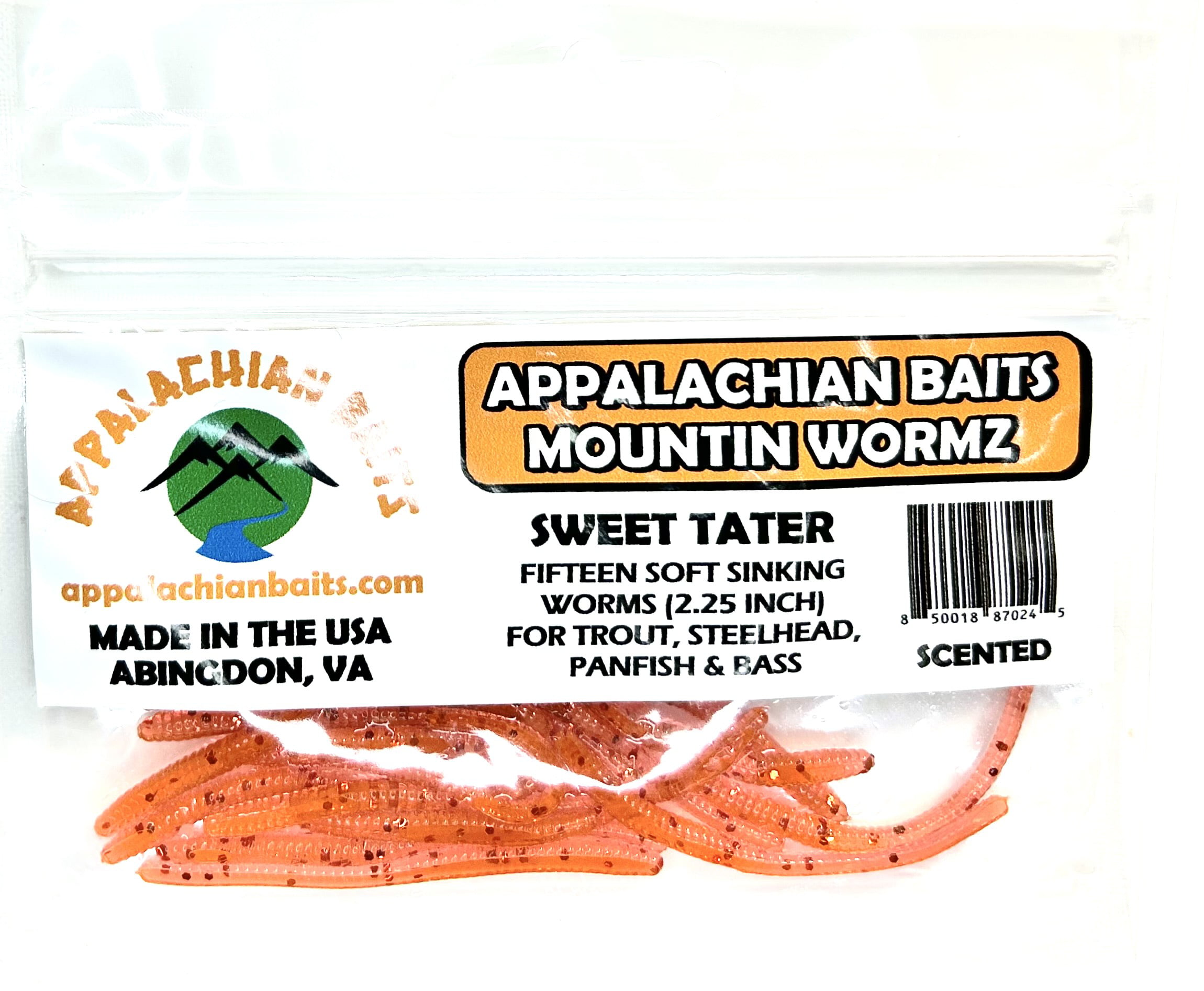 Appalachian Baits Mountin Wormz Sweet Tater 2 1/4 Soft Sinking Fishing  Bait Worms, Scented, 15 count