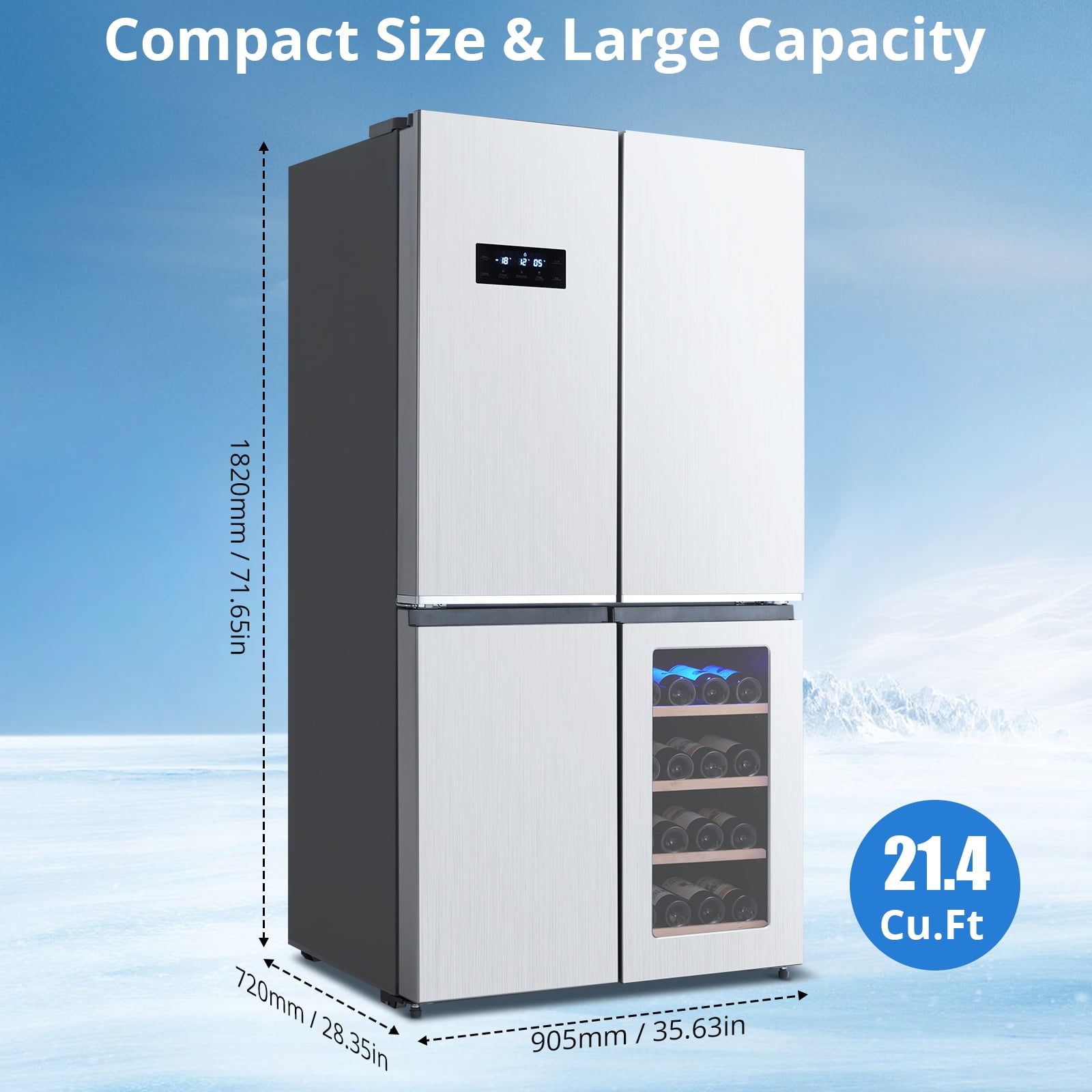 2024 New Stainless-Steel 4 Doors Fridges Kitchen-Freezer - 36 Inch French Door Refrigerator, 21 Cu.Ft. Counter Depth Refrigerator Bottom Freezer with Wine Cabinet and Adjustable Shelves