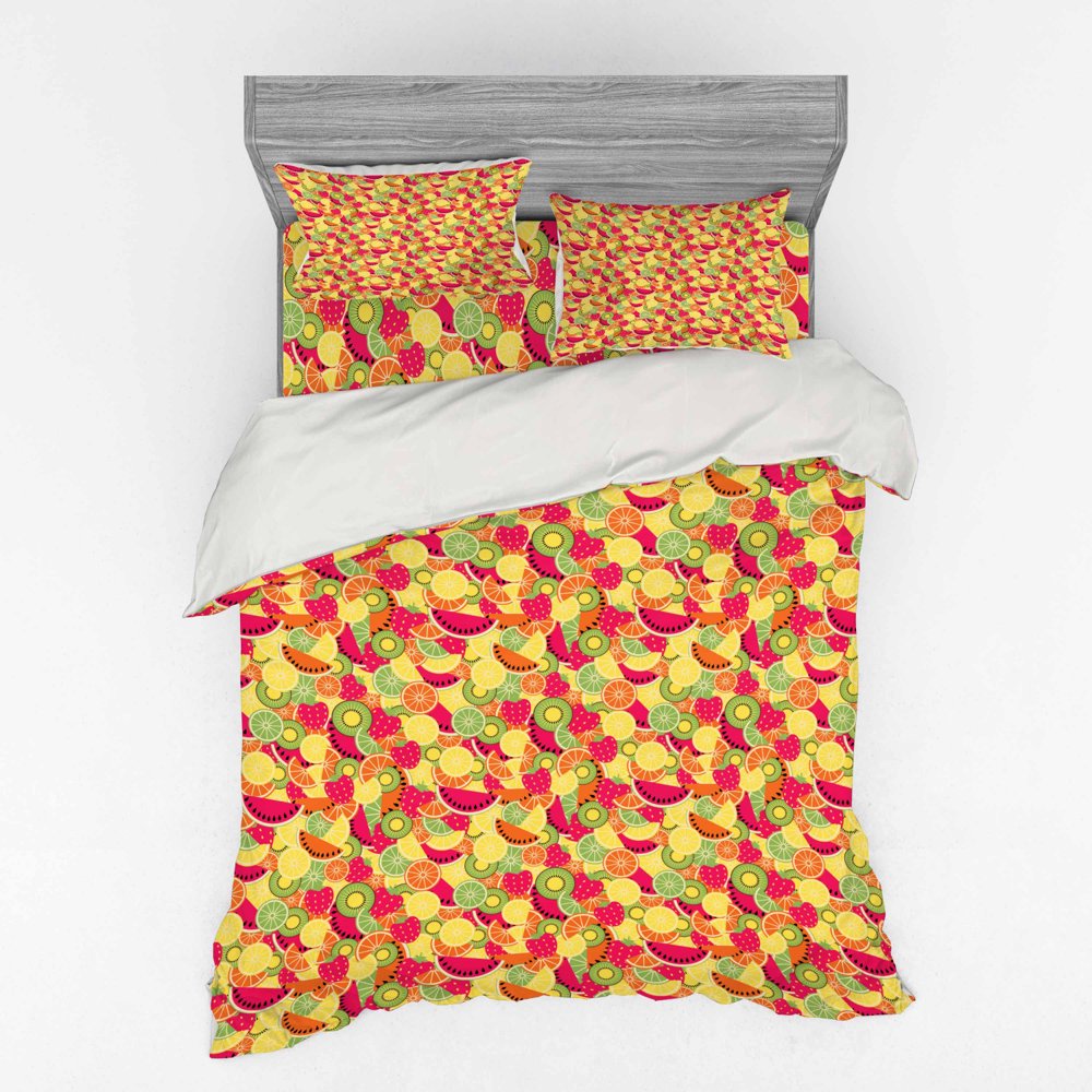 Fruit Duvet Cover Set, Tropical Nature Fruits with Orange Watermelon