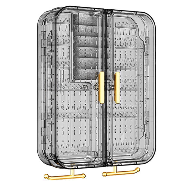 Jewelry Storage Box Transparent Wall Mounted Earring Ring Necklace Organizer with Multi-shaped Hooks for Home