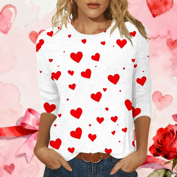 Fartey T-Shirts de la Saint-Valentin pour Femmes Manches 3/4 Col Rond Tuniques Mode Mignon Cœur Graphique T-Shirts Grande Taille T-Shirts de la Saint-Valentin Blanc P