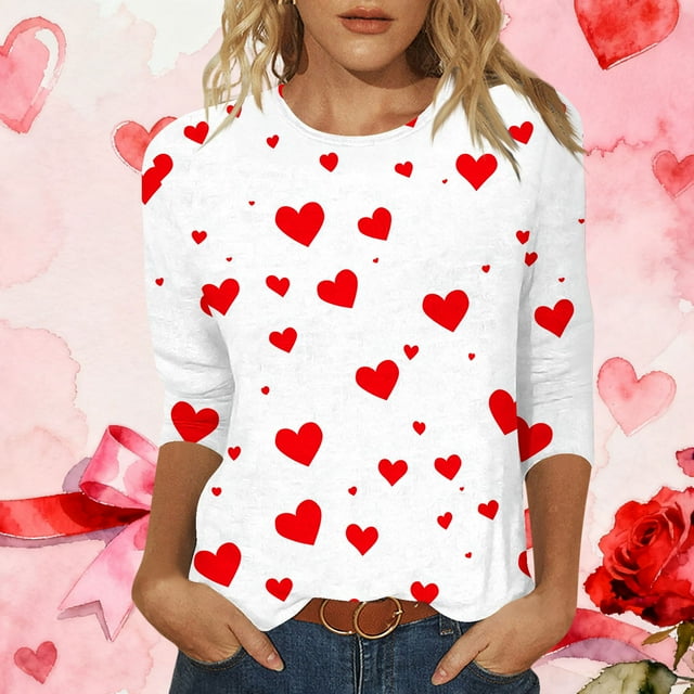 Fartey T-Shirts de la Saint-Valentin pour Femmes Manches 3/4 Col Rond Tuniques Mode Mignon Cœur Graphique T-Shirts Grande Taille T-Shirts de la Saint-Valentin Blanc P