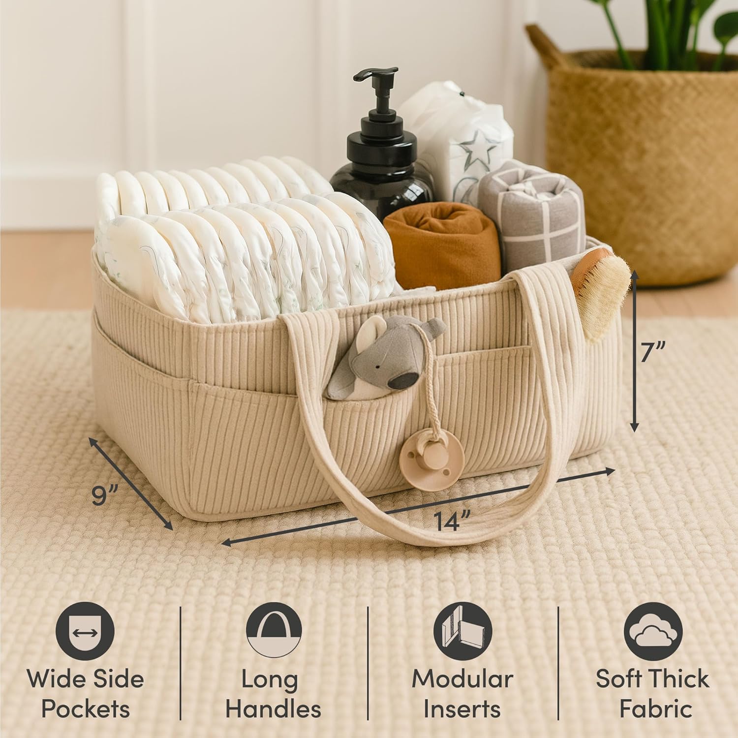 SONGAUN Baby Nappy Caddy Organiser for Changing Table – Stylish Nursery Storage Basket, Newborn Essentials, Baby Shower Gifts and Registry Must-Haves for Boy or Girl, Car Nappy Caddy, Corduroy Cream