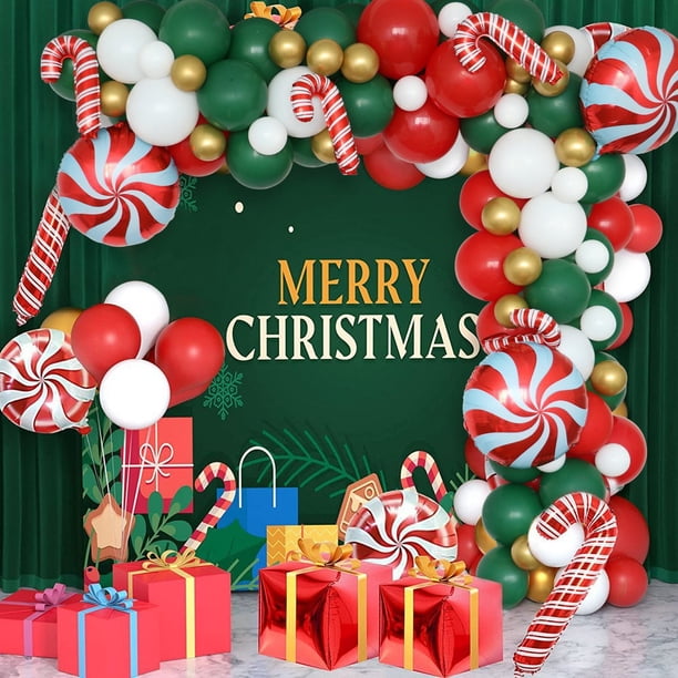 Conjunto de corona de globos navideños, arco de Papá Noel, fondo, diseño de fiesta, disfraces, centro comercial, atuendo de aula, moda