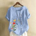 thumbnail image 2 of JTZGDY Plus Size Women's Summer Floral Print Cotton Linen Tops Casual Boho Short Sleeve Crewneck Graphic T Shirt Loose Lightweight Dressy Blouse Tunics 2025 Light Blue M, 2 of 4