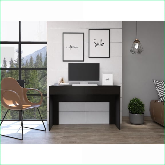 Desks, Modern 47.3-Inch Wide Computer Desk with Two Drawers | Black | Particle Board