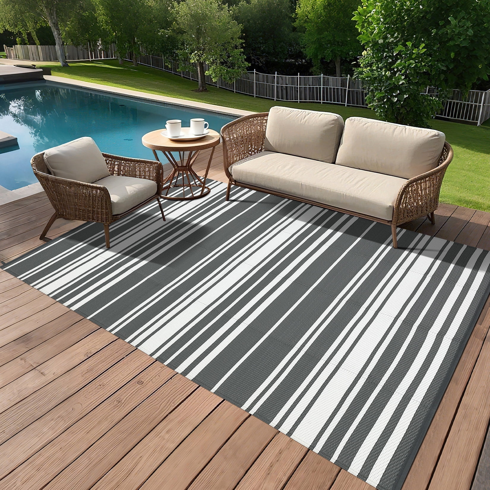 FairOnly 8'x10'Grey Outdoor Area Rug Reversible Foldable Stain Resistant Waterproof Rugs for Beach Camping RV