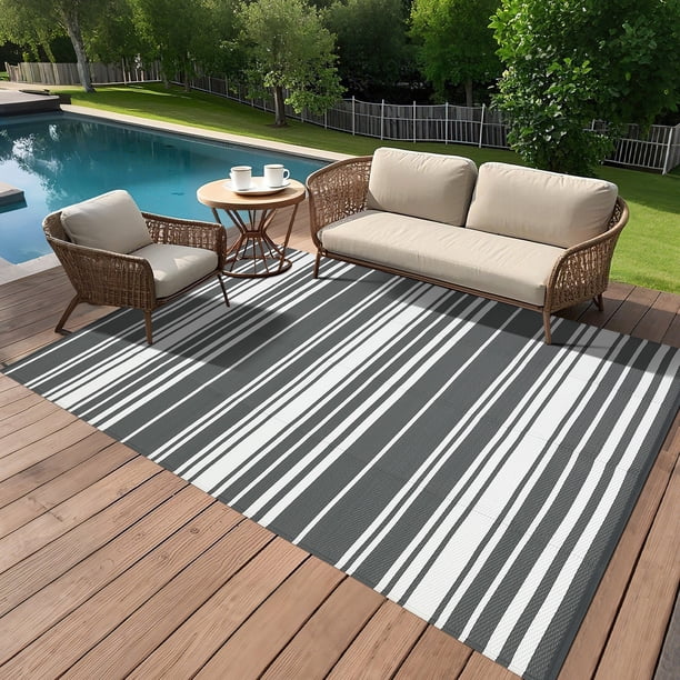 Yeshouse Alfombra de exterior reversible de plástico y paja, impermeable, para camping, patio, moderna alfombra de patio a rayas, alfombra para porche, terraza, jardín, balcón