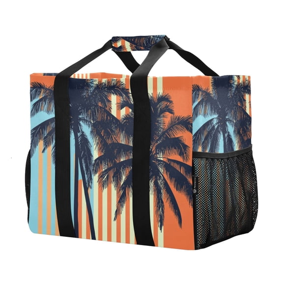 YAZAOO Mesh Beach Bags Totes Foldable Multiple Pockets Creatively Sunset Palms Printed