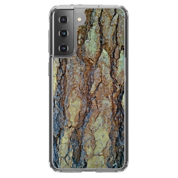 DistinctInk Clear Shockproof Hybrid Case for Galaxy S21 5G (6.2" Screen) - TPU Bumper, Acrylic Back, Tempered Glass Screen Protector - Yosemite Redwood Bark