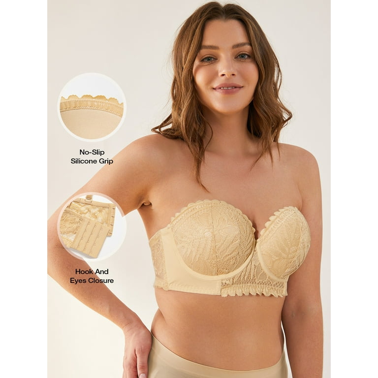 Deyllo Women's Push Up Strapless Bra Plus Size Lace Underwire Full Coverage  Multiway Invisible Bras,Beige 38B