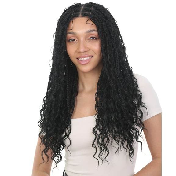LUXLUXE Grace 25-inches Full Hand-tied Boho Box Braids Wig with Baby Hair, Heat-resistant Synthetic,Black