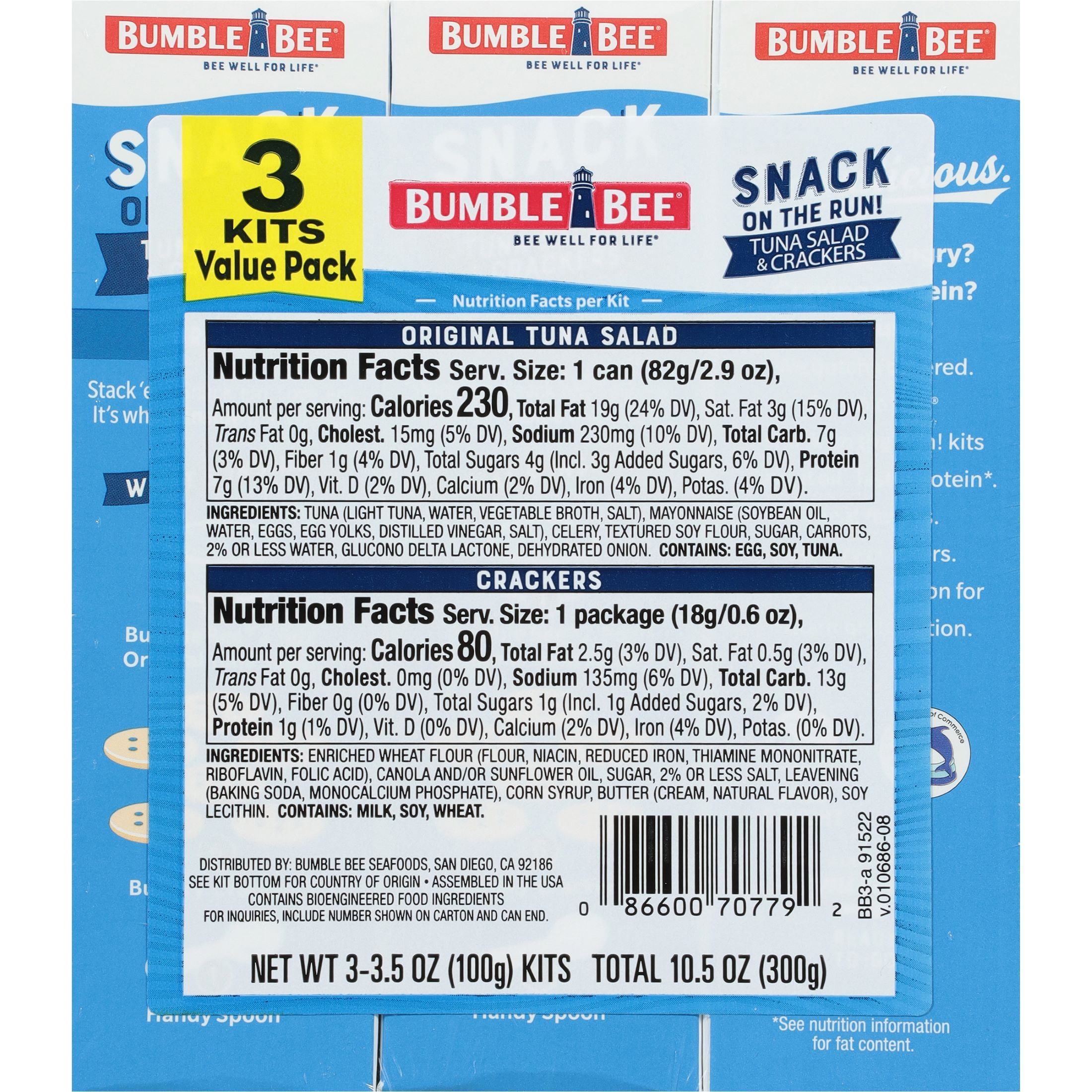 (3 pack) Bumble Bee Snack on The Run Tuna Salad with Crackers Kit, Wild Caught, Ready to Eat, 8g Protein per Serving, Shelf Stable Box, 3.5 oz (Pack of 3)