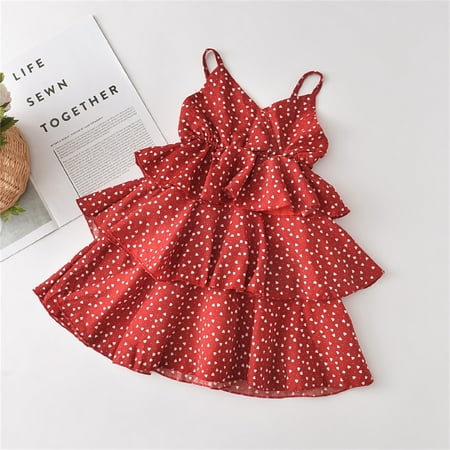

Toddler Kids Baby Girls Summer Beach Sleeveless V Neck Heart Print Ruffled Polka Dot Slip Layered Party Elegant Princess Dresses Clothes 1-6 Years
