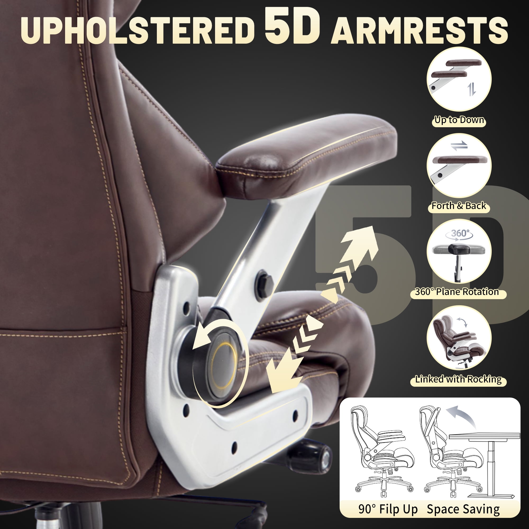 800lbs Executive Chairs with 5D Flip Arms, Heavy Duty Office Chair with Adjustable Lumbar Support, Big and Tall chair with Quiet Rubber Wheel and Extra Wide seat