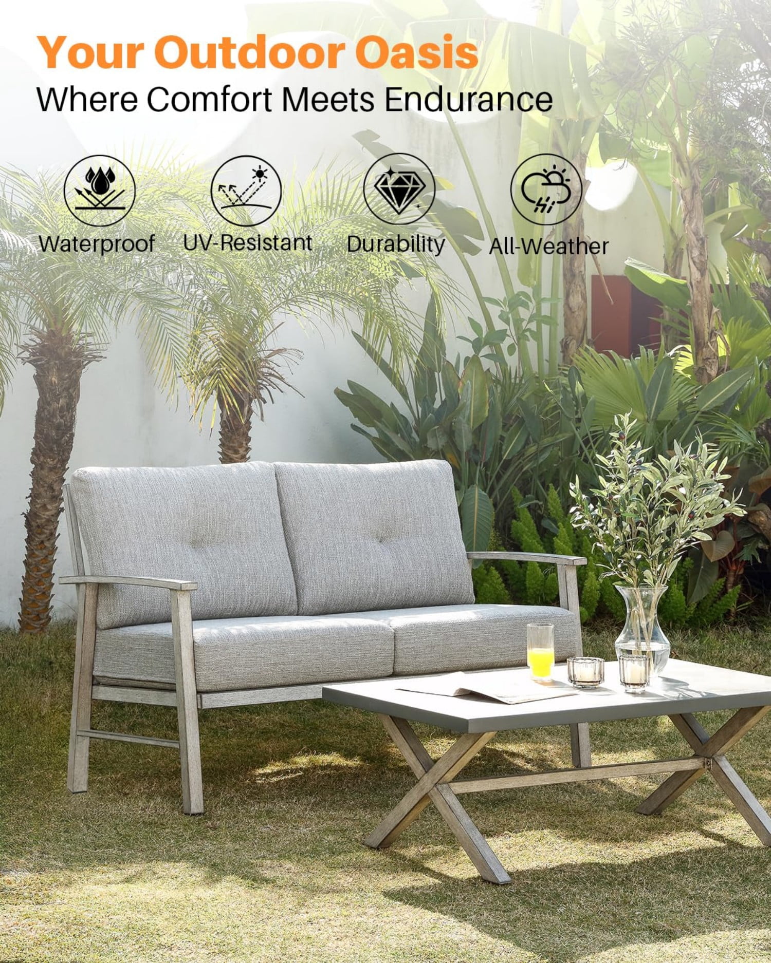 Patio Furniture Loveseat Sofa, Outdoor Aluminum Patio Couch with 5.9" Thick Cushions, All Weather 2-Seat Outdoor Conversation Sofa, Modern Patio Loveseat for Garden, Backyard, Porch, Silver Gray