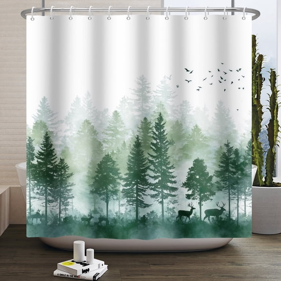 Pbobriich Forest Deer Shower Curtain Rustic Green Misty Woodland Shower Curtain for Bathroom with Hooks Country Bathroom Decor 72x72 Inch