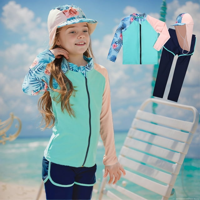 Jinhomg Girls Sun Protection Swimsuit 3 Rash Guard Long Sleeve Vacation Beachwear Tropical Print Zip Up Bathing Suits with Pants and Hat Spring Saving 15 Years Blue