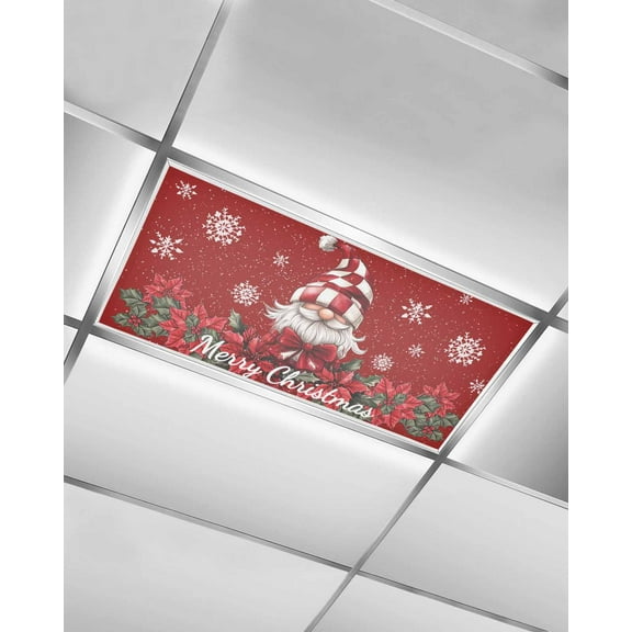 Red Gnomes Christmas Fluorescent Light Covers for Ceiling Lights 4x2 feet,1 Pack Magnetic Light Filters for Classroom,Snowflake Xmas Poinsettia Fluorescent Light Shade Panel for Office School Drop