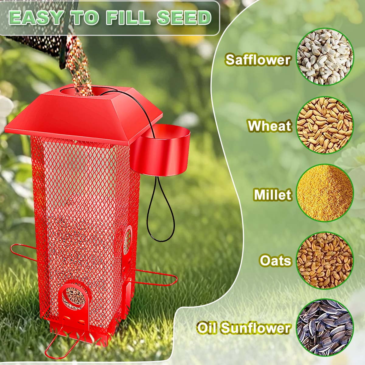 YLTIMER Squirrel Proof Bird Feeder, Metal BirdFeeders for Outdoors Hanging with Detachable Roof, 2.2lb Gravity Protection Wild Birds Seed Feeders for Cardinal Blue Jay Outside