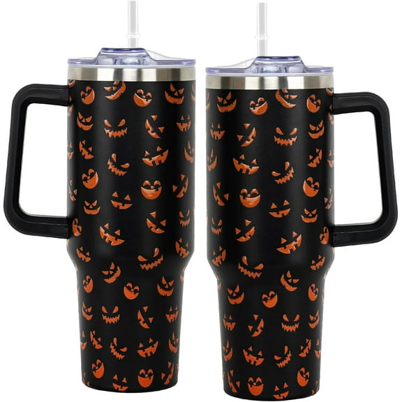 40oz Halloween Tumbler With Handle,5D Ghost Fun Face Print Tumblers With Lid and Straw Halloween Stainless Steel Insulated Travel Cup Black Coffee Mugs for Women Halloween Gifts for Kids