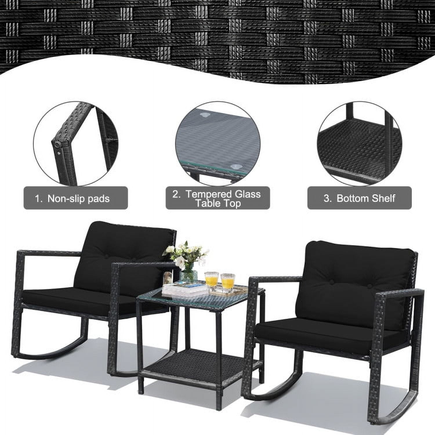 Aimee Lii 3 Pieces Patio Rattan Set Rocking Chair, Balcony Chairs, Small Patio Set, Black Aimee Lii 3 Pieces Patio Rattan Set Rocking Chair, Balcony Chairs, Small Patio Set, Black
