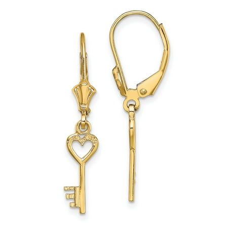 14k Yellow Gold Heart Key Dangle Earrings for Women with Leverback Symbolic Love Jewelry Romantic Drop Style for Anniversary and Everyday Wear
