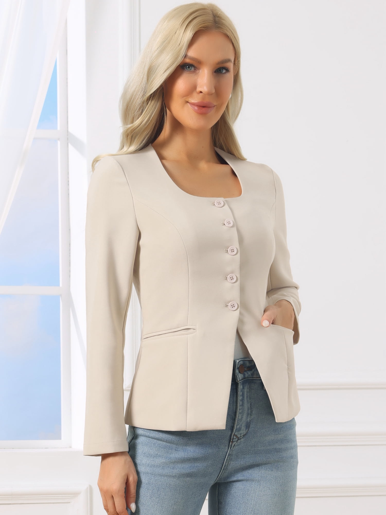 DARING DIVA Women's Casual Collarless Button Down Scoop Neck Fitted Blazer S Apricot