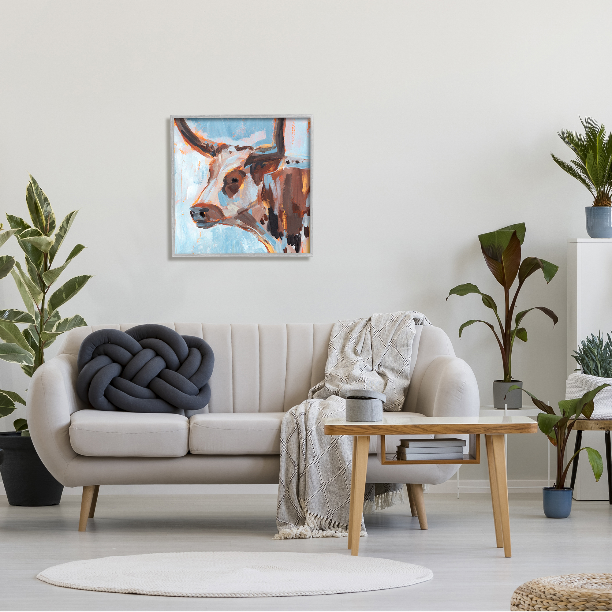 Stupell Industries Abstract Blue Longhorn Animals & Insects Painting Gray Framed Art Print Wall Art, 24 x 24