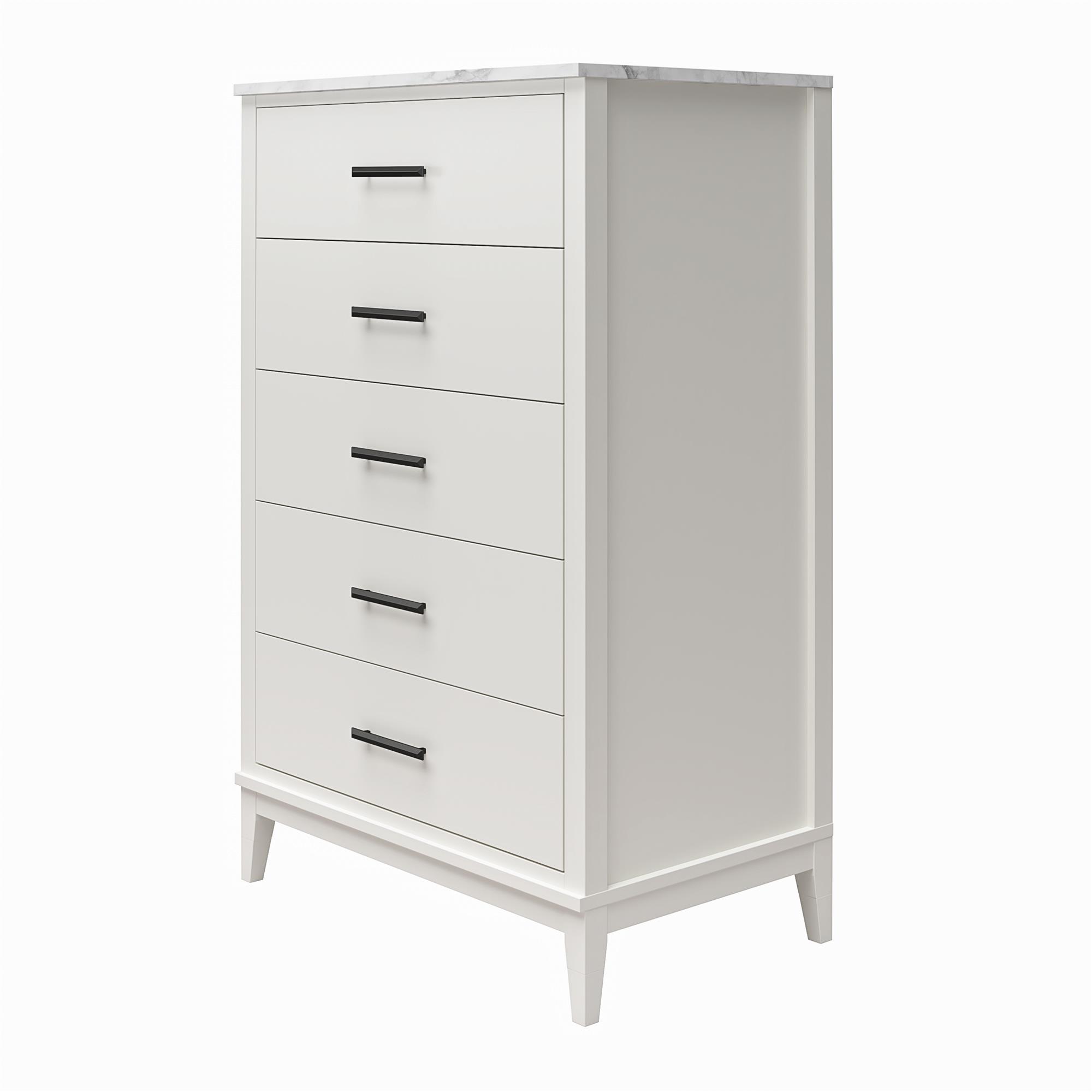 Ameriwood Home Amberleigh Tall 5 Drawer Dresser, White w/ White Faux Marble Top