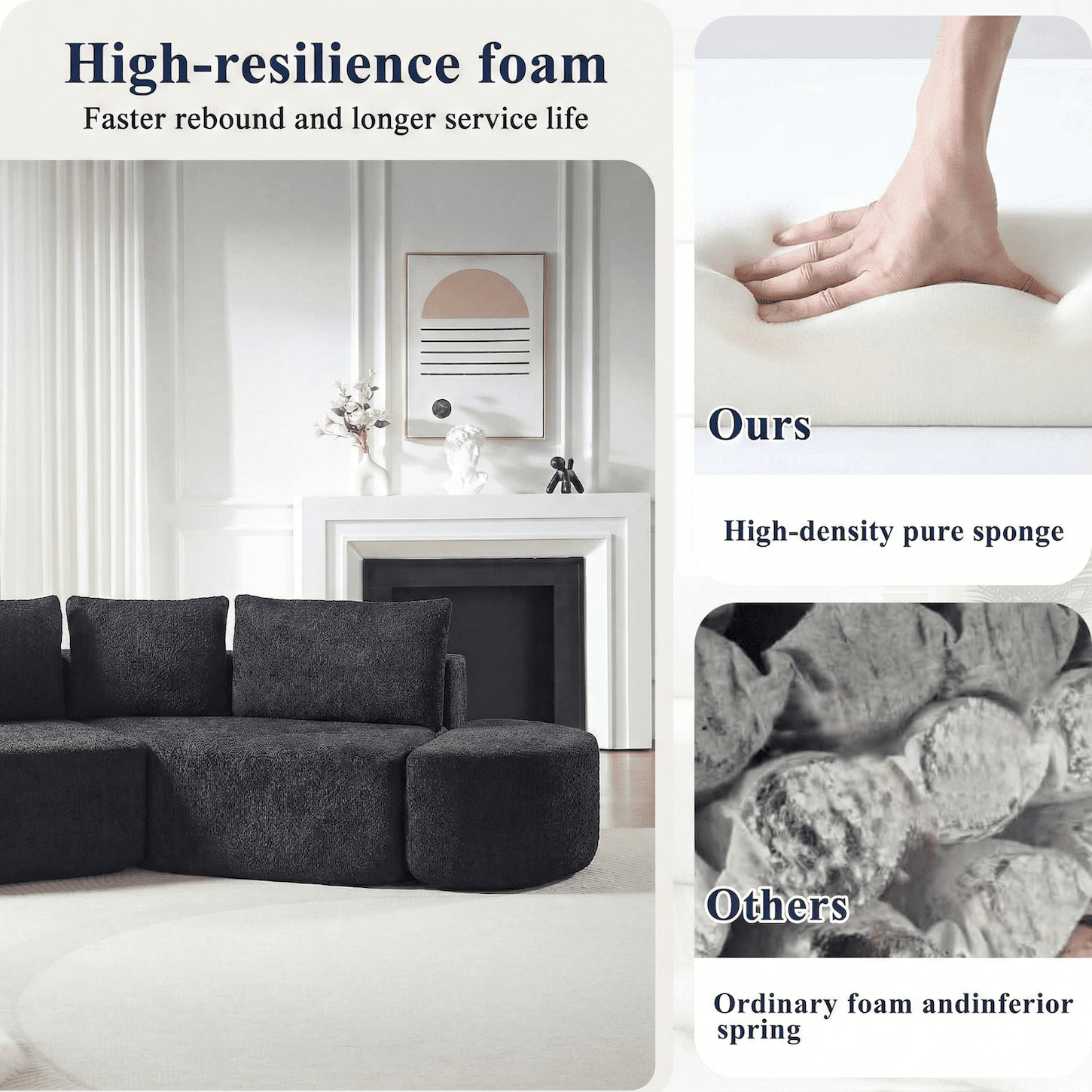Xiweot 106" Cloud Sectional Couch for Living Room, Boneless Couch with Deep Seat, Chenille Modular Sectional Sofa with Curved Ottomans, No Assembly (Black)