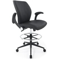 Ergonomic Mid-Back Leather Adjustable Drafting Chair with Flip-up Arms and Foot Ring, Standing-Desk Matched Tall Swivel Computer Office Stool, Black